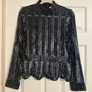 Derek Lam 10 Crosby Long-Sleeve Mock-Neck Black Sequined Top